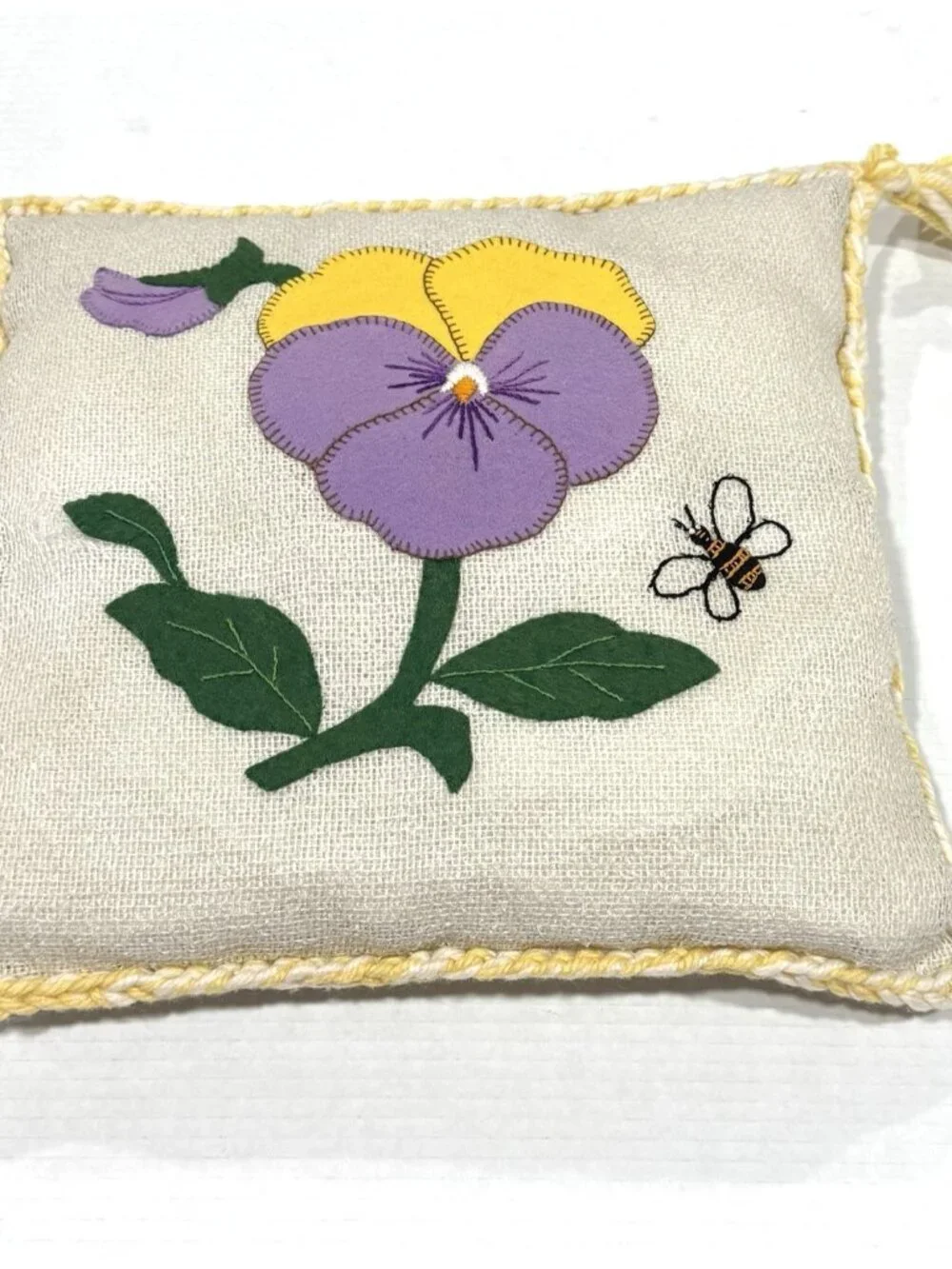 Vintage Handmade Applique Pansy Throw Pillow Felt Embroidery Flower Bee 14